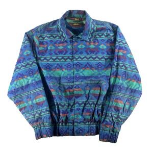 Vintage Wrangler Brushpopper Jacket Mens Large Blue Aztec Canvas Bomber